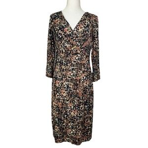Peruvian Connection Faux Wrap Printed Dress Size L Long Sleeve Stretch V Neck